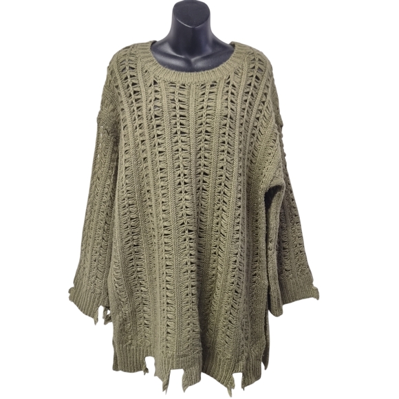 Kye Mi Women's Olive Green Distressed Knit Tunic Sweater Size Large - Picture 3 of 13